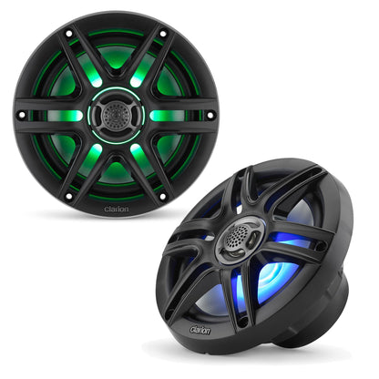 CLARION 010-03046-00 Clarion CMS-651RGB-SWB 6.5-inch Coaxial Marine Speakers with Built-in RGB Illumination 30W RMS Power handling 1/2-inch (13 mm) Polymer Dome Tweeter Includes White & Black Sport Grilles