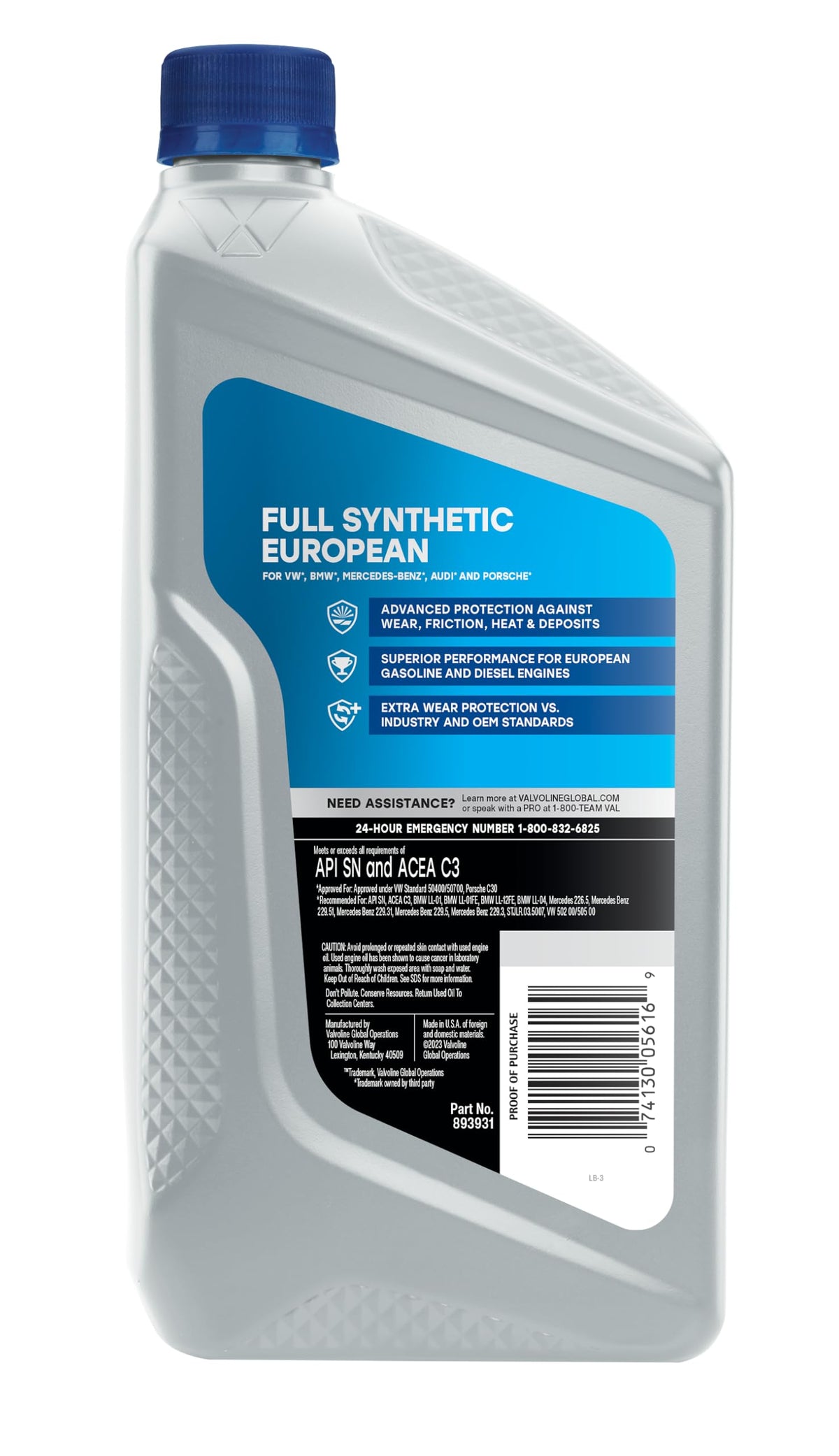 VALVOLINE 893931 Valvoline European Vehicle Full Synthetic SAE 0W-30 Motor Oil 1 QT