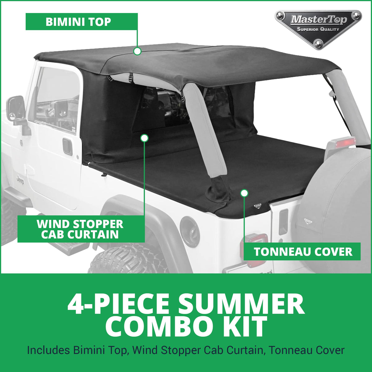 MASTERTOP 14810024 MasterTop 3-Piece Ultimate Summer Soft Top Combo - Bimini Soft Top, Wind Stopper Cab Curtain, and Tonneau Deck Cargo Cover - Fits Jeep Wrangler LJ 2004-2006 - Black MasterTwill