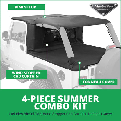 MASTERTOP 14810024 MasterTop 3-Piece Ultimate Summer Soft Top Combo - Bimini Soft Top, Wind Stopper Cab Curtain, and Tonneau Deck Cargo Cover - Fits Jeep Wrangler LJ 2004-2006 - Black MasterTwill