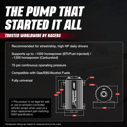 AEROMOTIVE 11101 Aeromotive A1000 In-Line Electric Fuel Pump - 12V Inline External - 11101