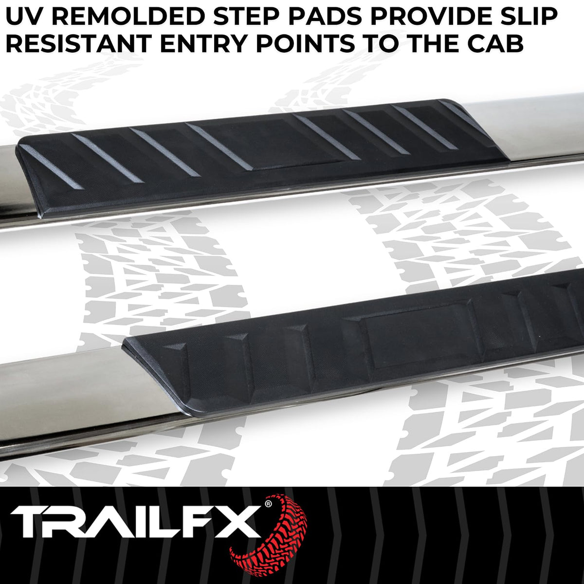 TRAILFX A4014S TrailFX Nerf Bars for Dodge Ram 1500 Quad Cab 2002-2008 Polished Stainless Steel 4 Inch Trapezoid Straight Side Steps with Step Pads Plastic End Caps Frame and Rocker Mount Running Board Pair