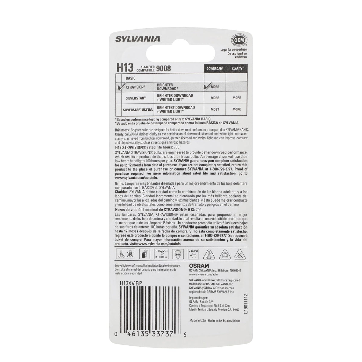 SYLVANIA H13XV.BP SYLVANIA H13 XtraVision Halogen Headlight Bulb, High or Low Beam, 1 Bulb
