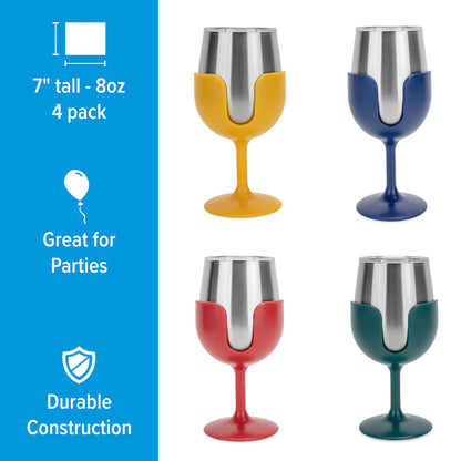 CAMCO 53465 Camco Life is Better at The Campsite Stainless Steel Wine Tumbler 4-Pack - Features Heavy Duty Double Wall Vacuum Insulation & Removable Navy, Red, Green & Yellow Stems - Holds 8-oz Each (53465)