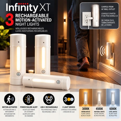 Infinity X1 Infinity X1 Power-Failure Motion-Activated Rechargeable Night Light with USB-C Output, 3-Pack