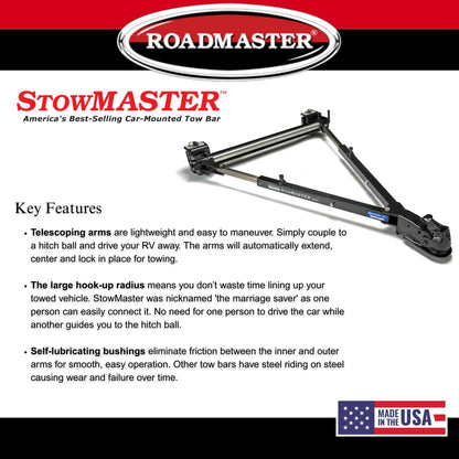 ROADMASTER 501 Roadmaster 501 Stowmaster Tow Bar with 2" Coupler fits Baseplates | Hauls Up to 6,000 lbs | Large Hook-Up Radius | Powder-Coated Finish | Self-lubricating Bushings