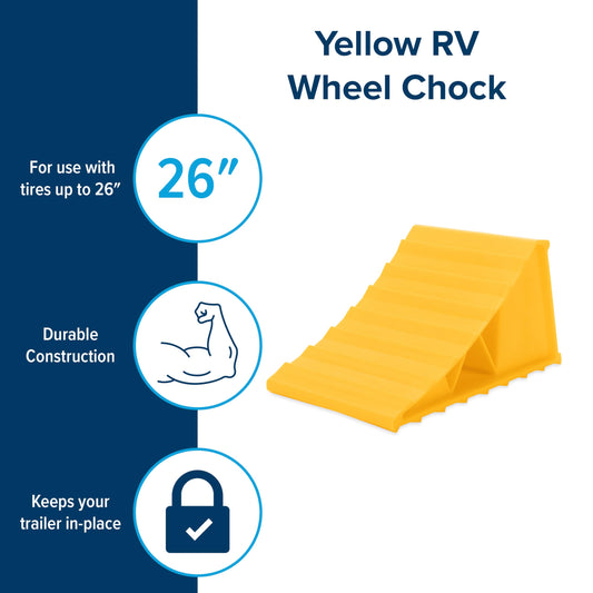 CAMCO 44412 Camco Standard Wheel Chock for Trailers & RVs - Heavy Duty Trailer Wheel Chock Constructed of Durable Plastic w/UV inhibitors - for Use w/Tires Up to 26-inches - Re-Hitch in Confidence - 44412