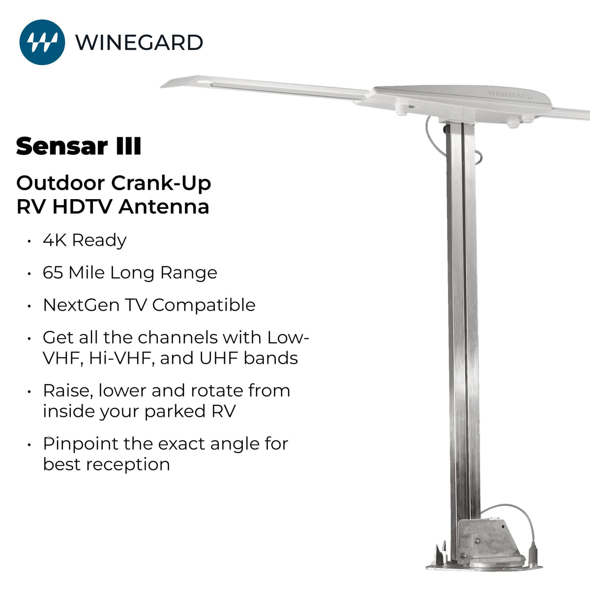 WINEGARD RV-3095 Winegard RV-3095 Sensar III Batwing Amplified RV TV Antenna (VHF/UHF, Digital, 4K Ready, 55 Mile Range)