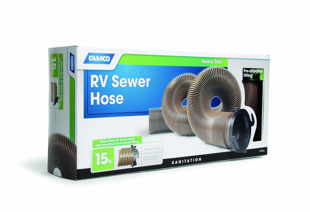 CAMCO 39691 Camco 39691 Durable High Tensile Strength Sewer Steel Wire Core and Attached Bayonet Fittings Hose with 15 mils of HTS Vinyl, Brown, 15'