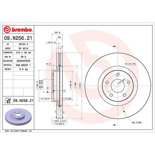 BREMBO 09N25621C02 Brembo 09.N256.21 UV Coated vented Brake Rotor FORD/FORD (CHANGAN) OE# 5202200