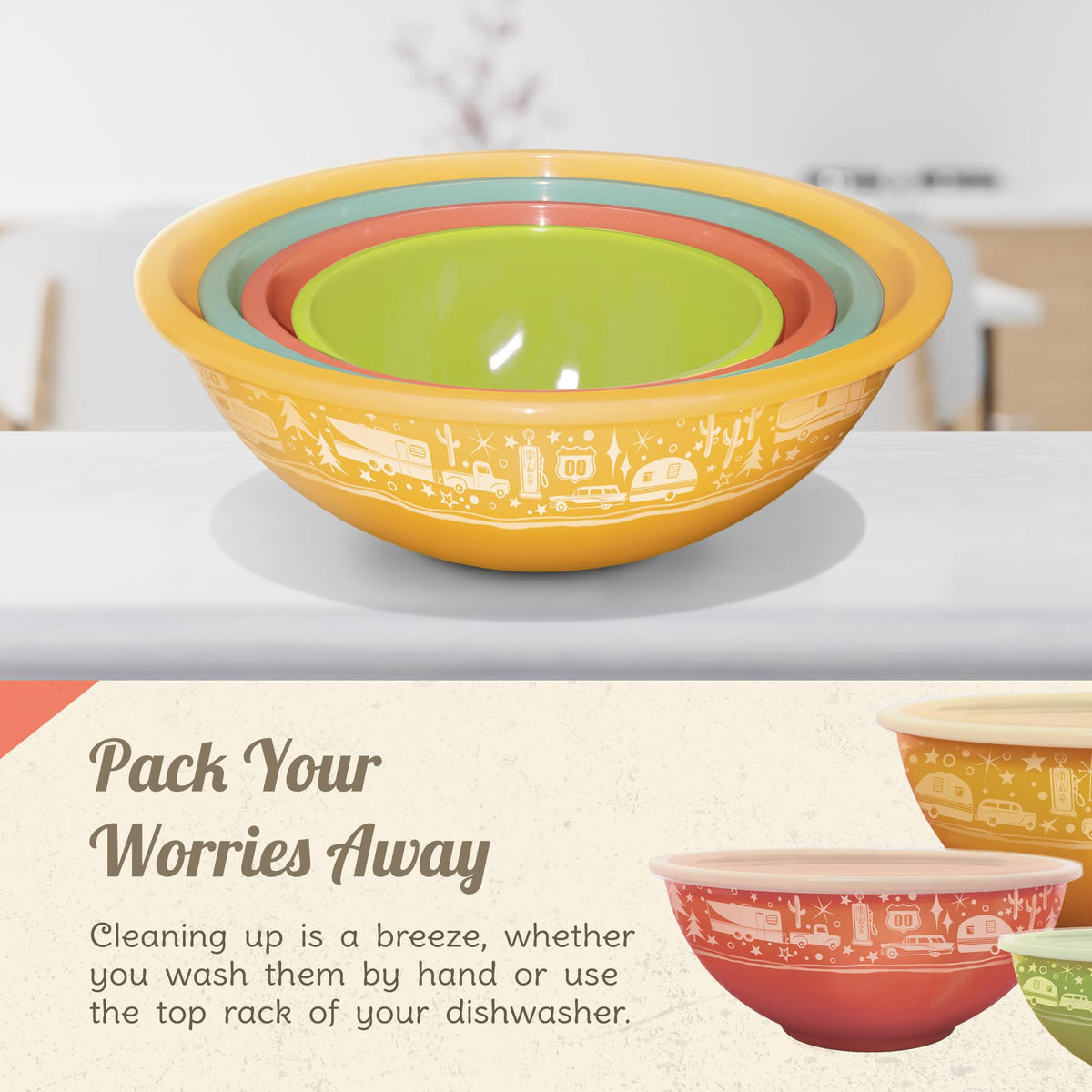 CAMP CASUAL CC-006 Camp Casual Melamine Bowls with Lids - 4 BPA Free Nesting Bowls with (New and Imporved) Lids Set for Indoor & Outdoor Dining - Sturdy, Lightweight, & Top Shelf Dishwasher Suitable Camping Bowl Set