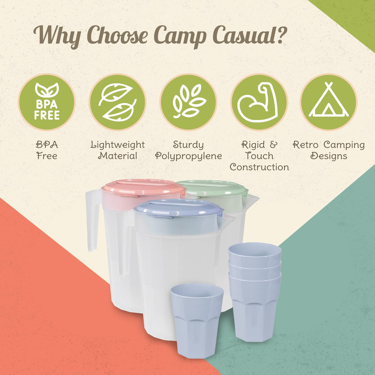 CAMP CASUAL CC-013BB Plastic Pitcher Set - 1 Pitcher with Lid & 4 Camping Cups for Travel, Parties, & Picnics - Sturdy, BPA Free, Dishwasher Safe - 84 oz Water Pitcher & 14.5 oz Cups (Boho Blue)