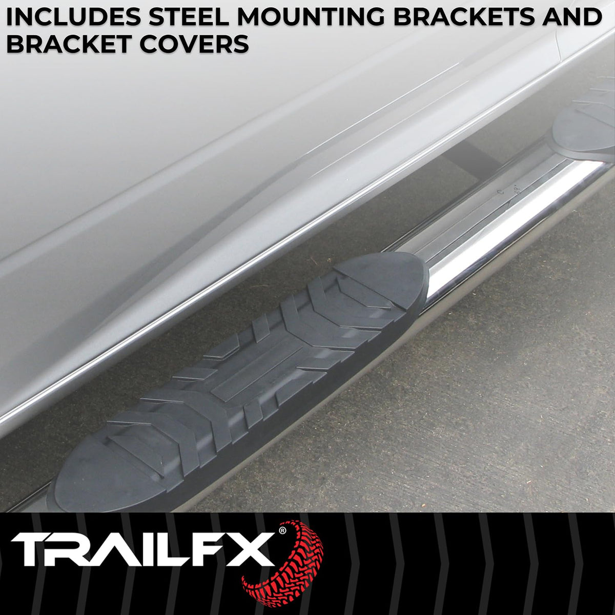 TRAILFX A1019S TrailFX A1019S 4 Inch Oval Bent Nerf Bars Fits 2024–2025 Toyota Tacoma with Step Pads Polished T304 Stainless Steel, Welded End Caps, Rocker Panel Mount, Bolt On Installation
