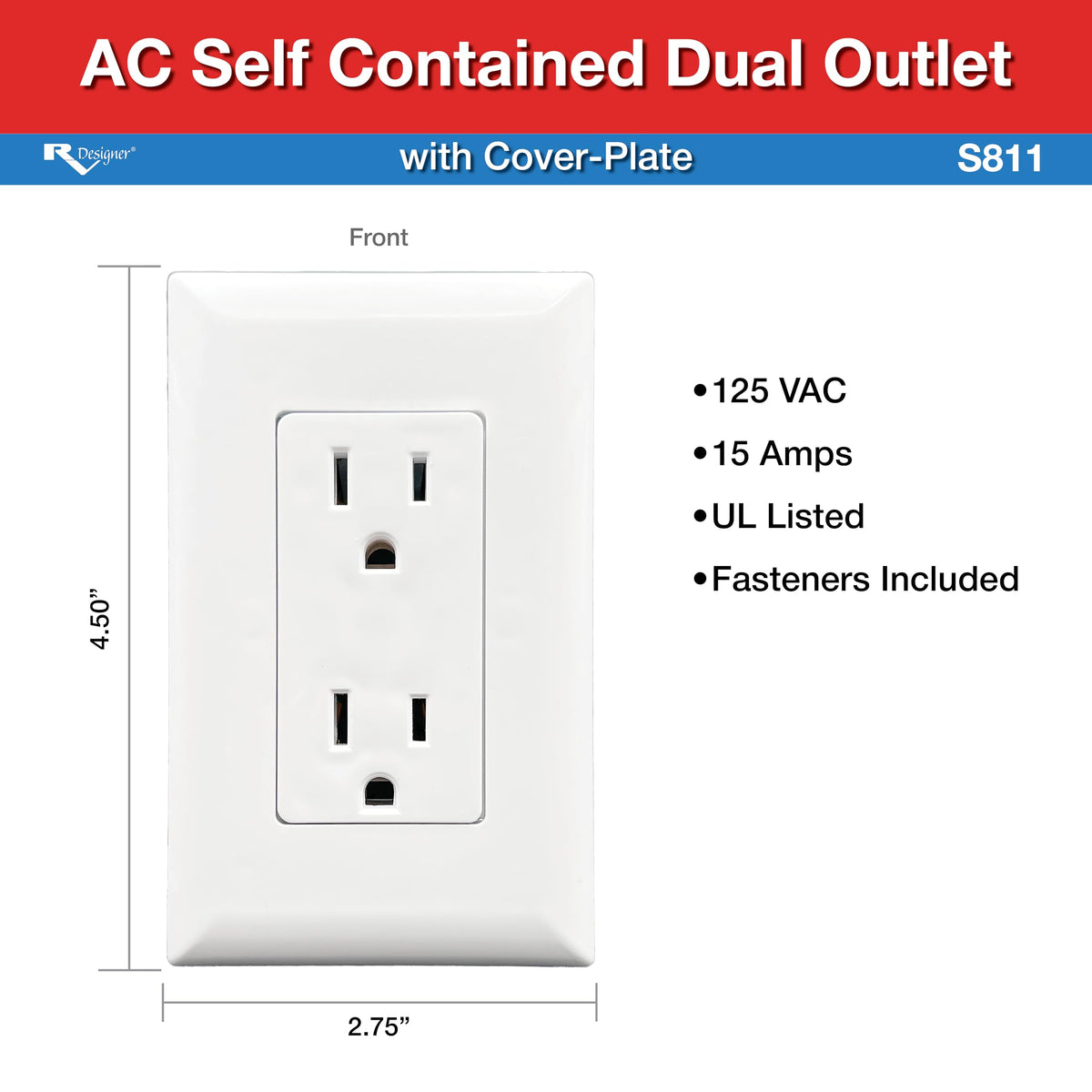 RV DESIGNER S811 RV Designer S811 - Self-Contained Dual AC Outlet with Cover Plate, White