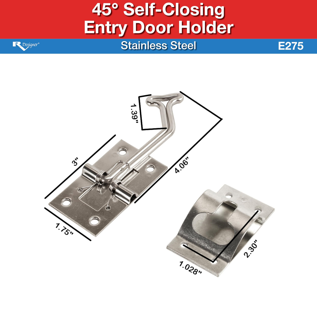 RV DESIGNER E275 RV Designer E275-45° 3" Self-Closing RV Door Holder, Stainless Steel