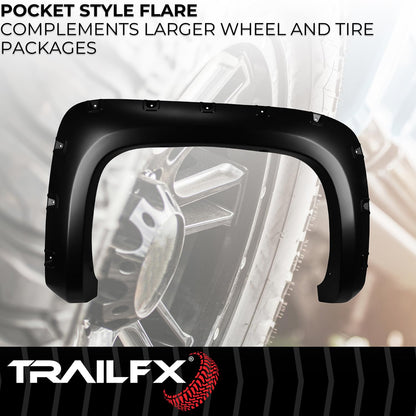 TRAILFX TFC3003S TrailFX Pocket Style Fender Flares for Chevrolet Silverado 1500 5.7 Foot Bed 2007-2013 Black Smooth Paintable Polypropylene Set of 4 with Stainless and Black Steel Rivets TrailFX TFC3003S