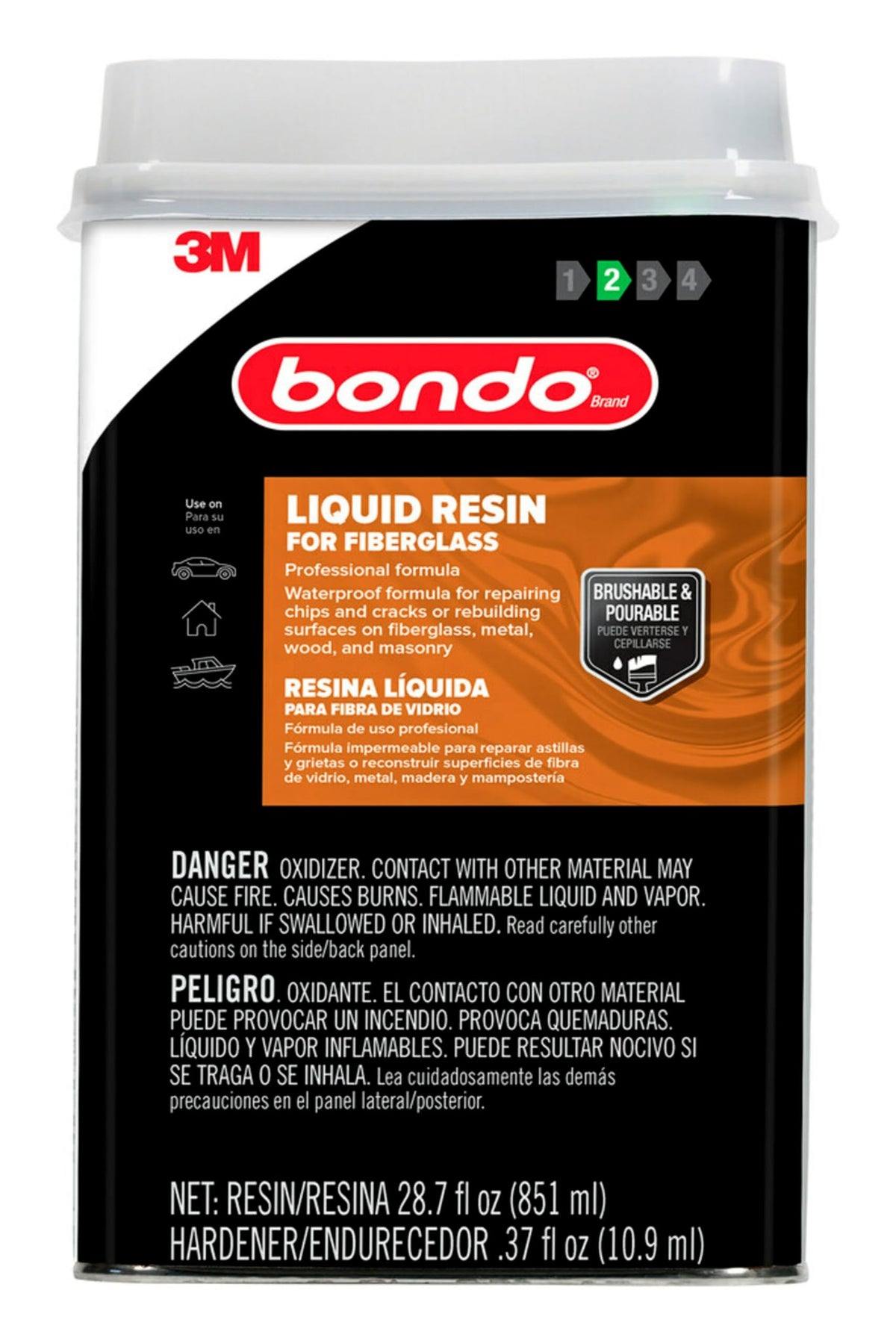 3M 402 3M Bondo Fiberglass Resin 28.7 US Fl oz Filler with 0.37 Fl oz Hardener, Stage 2, Waterproof Formula for Repairing, Resurfacing, or Rebuilding Metal, Wood, Fiberglass or Masonry Surfaces (00402)