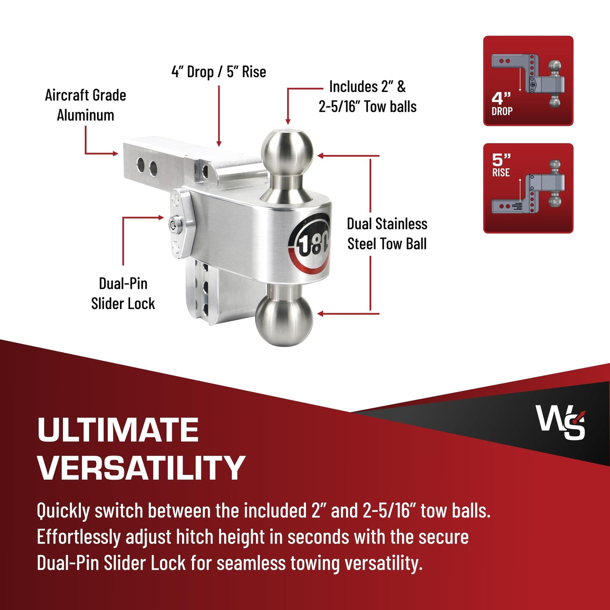 WEIGH SAFE LTB4-2.5-KA Weigh Safe Adjustable Trailer Hitch Ball Mount, 4" Adjustable Drop Hitch for 2.5" Receiver w/ 2 pc Keyed Alike Lock Set, Heavy Duty Aluminum Trailer Tow Hitch w/Stainless Steel Tow Balls, 18,500 GTW