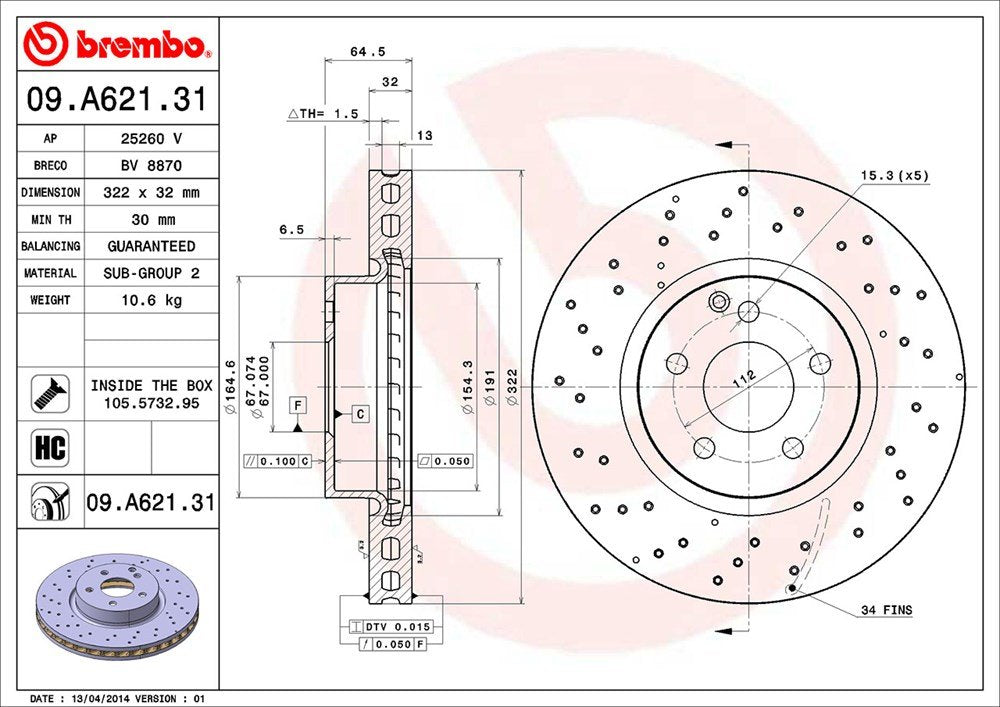 BREMBO 09A62131C02 Brembo 09.A621.31 UV Coated vented drilled Front Brake Rotor MERCEDES-BENZ/MERCEDES-BENZ (BBDC) OE# A0004211112