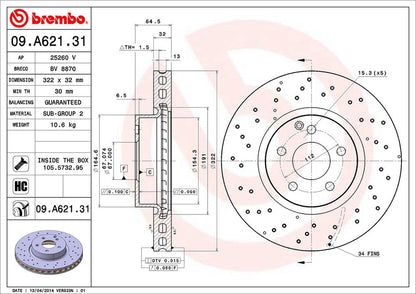 BREMBO 09A62131C02 Brembo 09.A621.31 UV Coated vented drilled Front Brake Rotor MERCEDES-BENZ/MERCEDES-BENZ (BBDC) OE# A0004211112