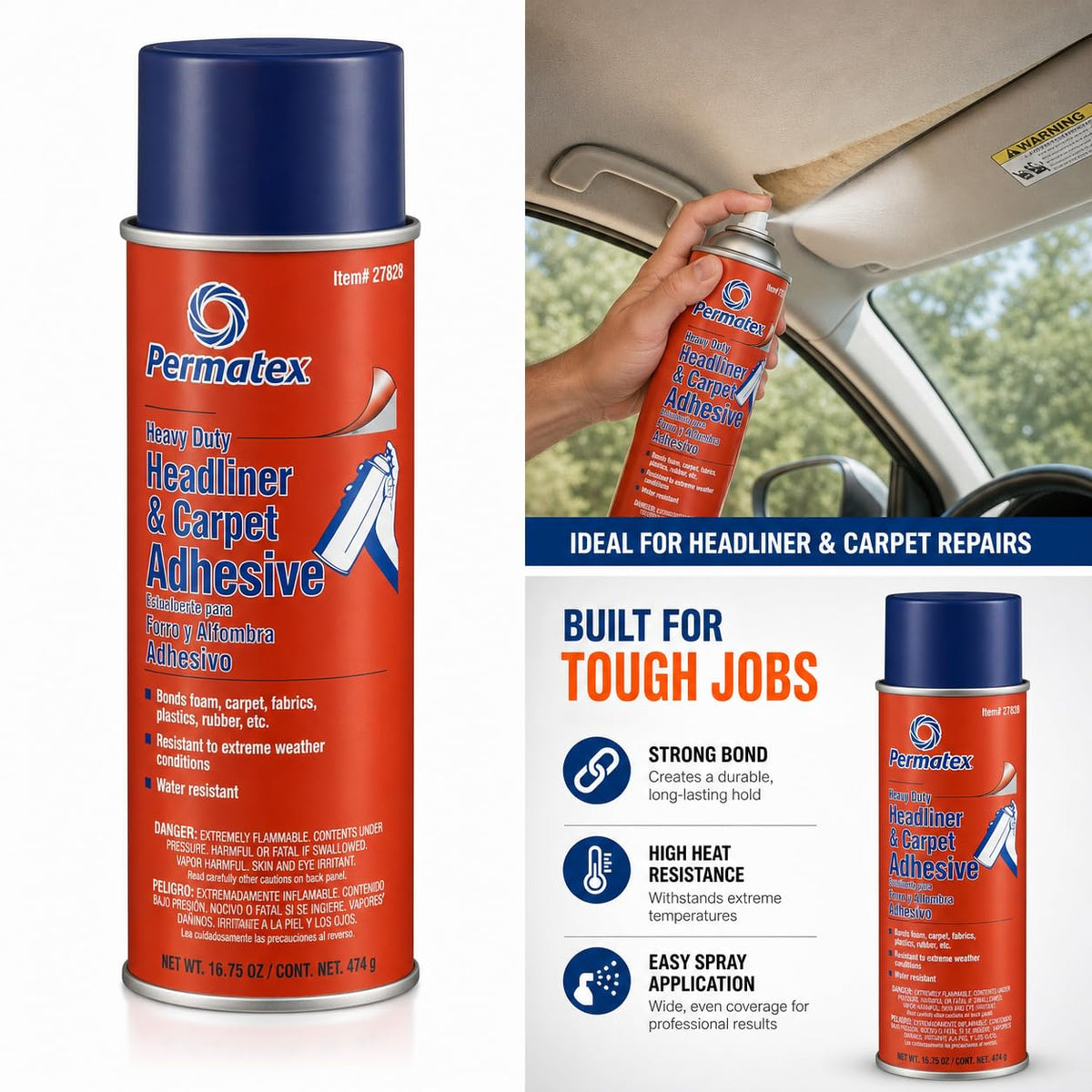 PERMATEX 27828 Permatex 27828 Body Shop Heavy Duty Headliner and Carpet Adhesive, 16.75 oz Aerosol Can