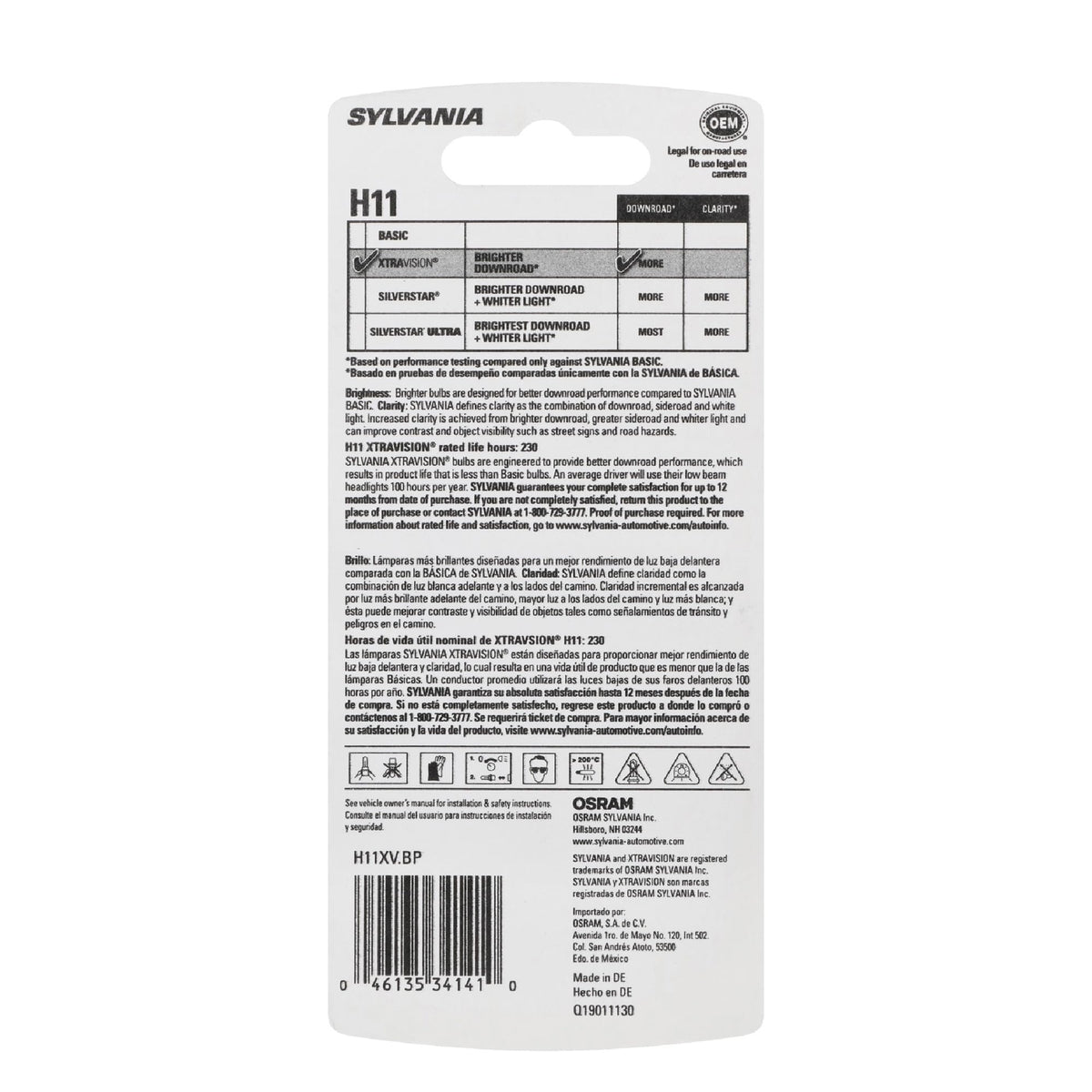 SYLVANIA H11XV.BP SYLVANIA H11 XtraVision Halogen Headlight Bulb, High or Low Beam, 1 Bulb