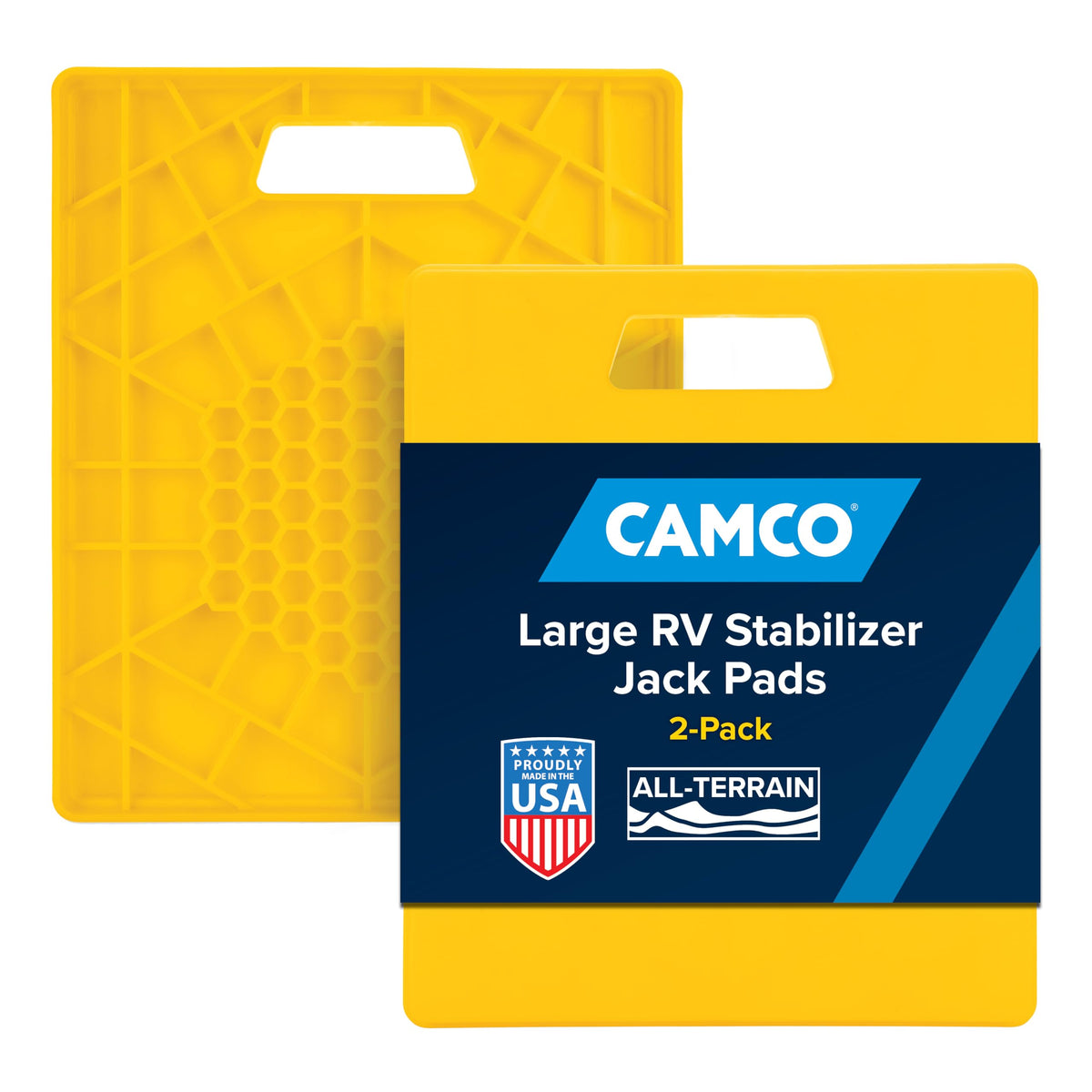 CAMCO 44541 Camco Camper/RV Large Stabilizer Jack Pads - Features Interlocking Design & Handy Strap for RV Storage - Built-in Handle - Use with RV Leveling System, RV Levels & More - 14” x 12”, 2-Pk (44541)