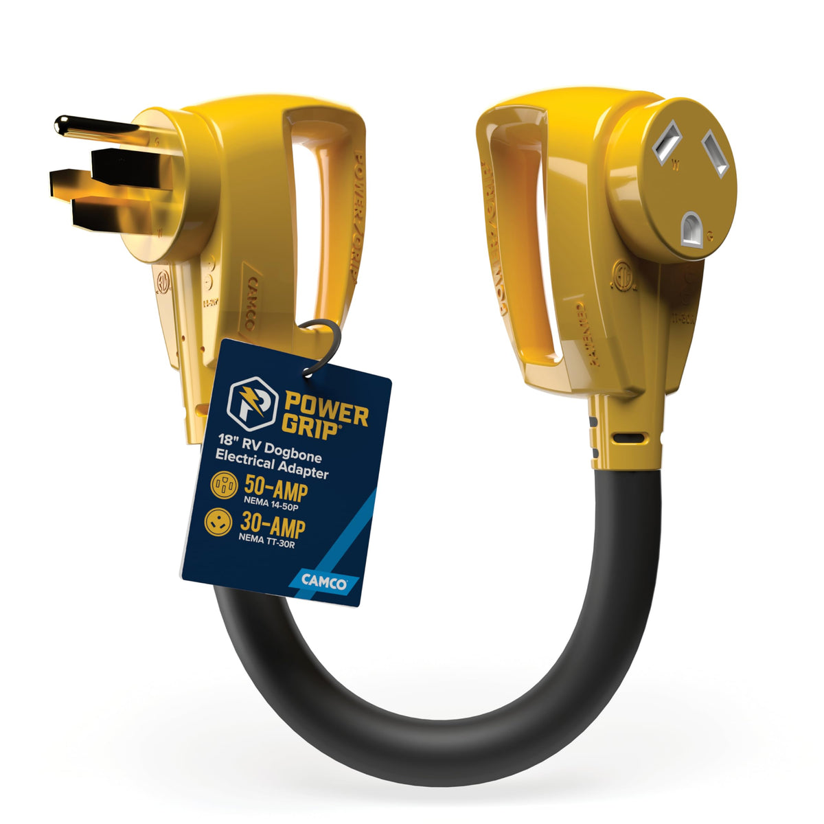 CAMCO 55175 Camco PowerGrip Dogbone RV Electrical Adapter - Features Heavy-Duty 50-Amp Male and 30-Amp Female Connections - Crafted of 100% Copper 10/3-Gauge Wires & Rated for 125V/3750W (55175)