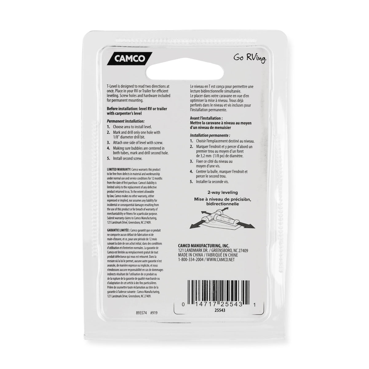 CAMCO 25543 Camco Camper/RV T Level - Features Front to Back/Side to Side RV Leveling - Easy Install w/Screws or Adhesive Tape - Measures 1.625” x 2.25” x 0.56” (25543)