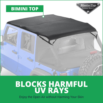 MASTERTOP 14810424 MasterTop 3-Piece Ultimate Summer Soft Top Combo - Bimini Soft Top, Wind Stopper Cab Curtain, and Tonneau Deck Cargo Cover - Fits Jeep Wrangler JK JKU Unlimited 4-Door 2007-2009 - Black MasterTwill