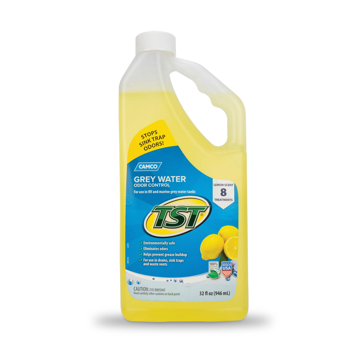 CAMCO 40252 Camco TST Camper/RV Grey Water Odor Control - Features Septic Safe Biodegradable Formula - Removes Grease Build-Up in Black Water Tank, Sink & Shower Drains - Fresh Lemon Scent, 32-oz Bottle (40252)
