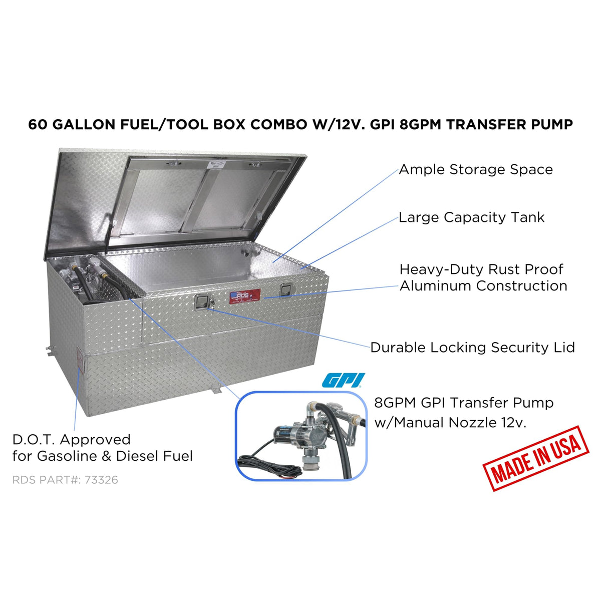 RDS MFG INC 73326 RDS Fuel Transfer/Auxiliary Tank/Toolbox Combo with 8 Gpm Pump - 60-Gal. Capacity