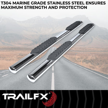 TRAILFX A1547S TrailFX Nerf Bars for Chevrolet Silverado 1500 Crew Cab 2020-2021 Polished Stainless Steel 4 Inch Oval Straight Side Steps with Step Pads Welded End Caps Rocker Panel Mount Running Board Pairs