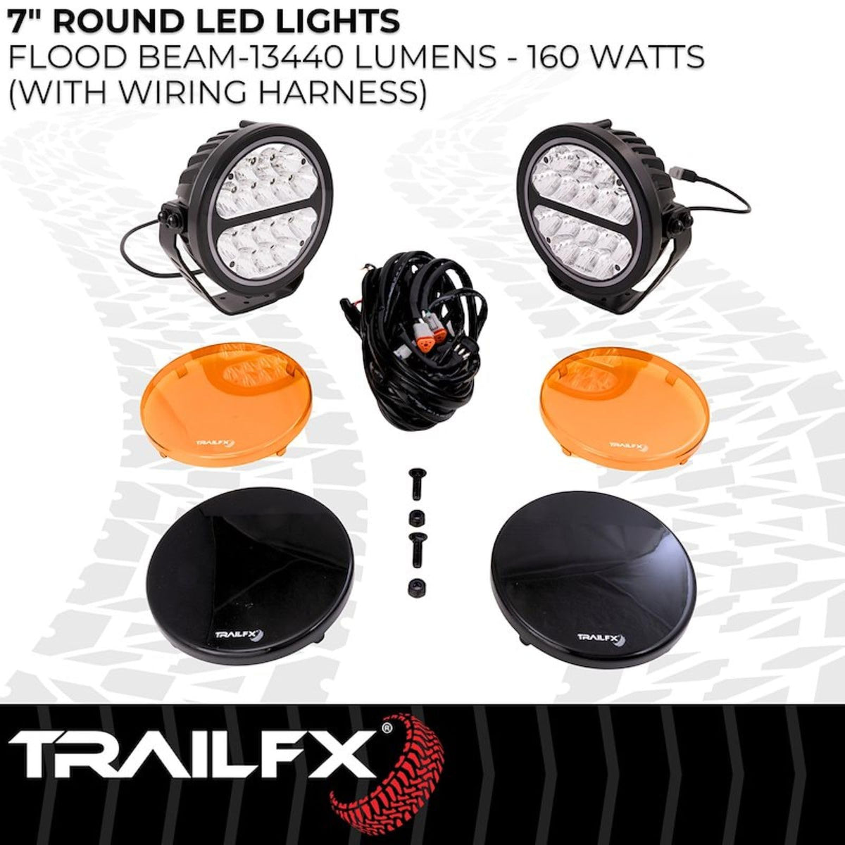 TRAILFX 7RNDF2 Trailfx 7RNDF2 Fog Lights Set of 2 Round 7 Inch Round LEDs 80W Flood Beam 6720 Raw Lumens Black Aluminum IP68 and IP69K With Harness Switch Brackets Amber Lens