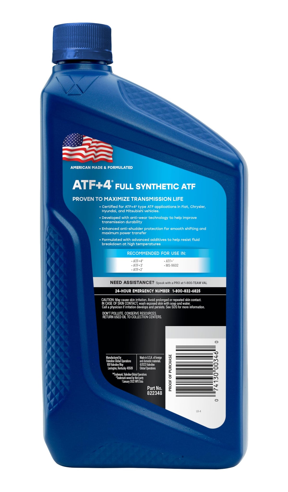 VALVOLINE 822348 Valvoline ATF +4 Full Synthetic Automatic Transmission Fluid 1 QT, Case of 6