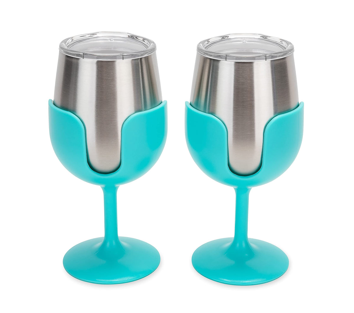 CAMCO 53484 Camco Life is Better at The Campsite Stainless Steel Wine Tumbler 2-Pack - Features Heavy Duty Double Wall Vacuum Insulation & Removable Navy, Red, Green & Yellow Stems - Holds 8-oz Each - Blue(53484)