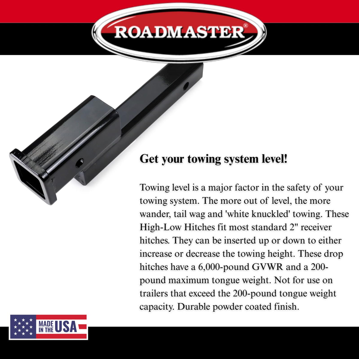 ROADMASTER 072 Roadmaster 072 Hi-Low Receiver Hitch with 2" Offset fits 2" Receiver Hitch | 6000 lbs Towing Capacity | 200 lbs Max Tongue Weight | Durable Powder Coat Finish | Made in The USA