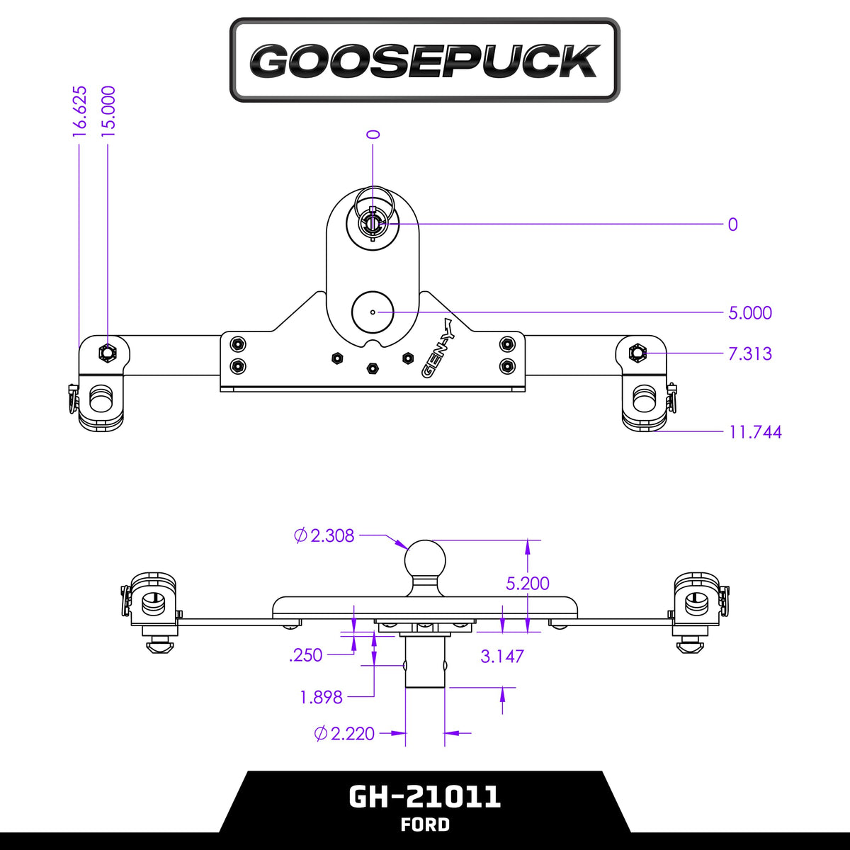 GEN-Y HITCH GH-21011 GEN-Y Hitch GoosePuck GEN II Main Assembly - 5" Offset - 25K Overall Towing - with Safety Chain Anchors Incorporated - Compatible with Ford 2017 to Current