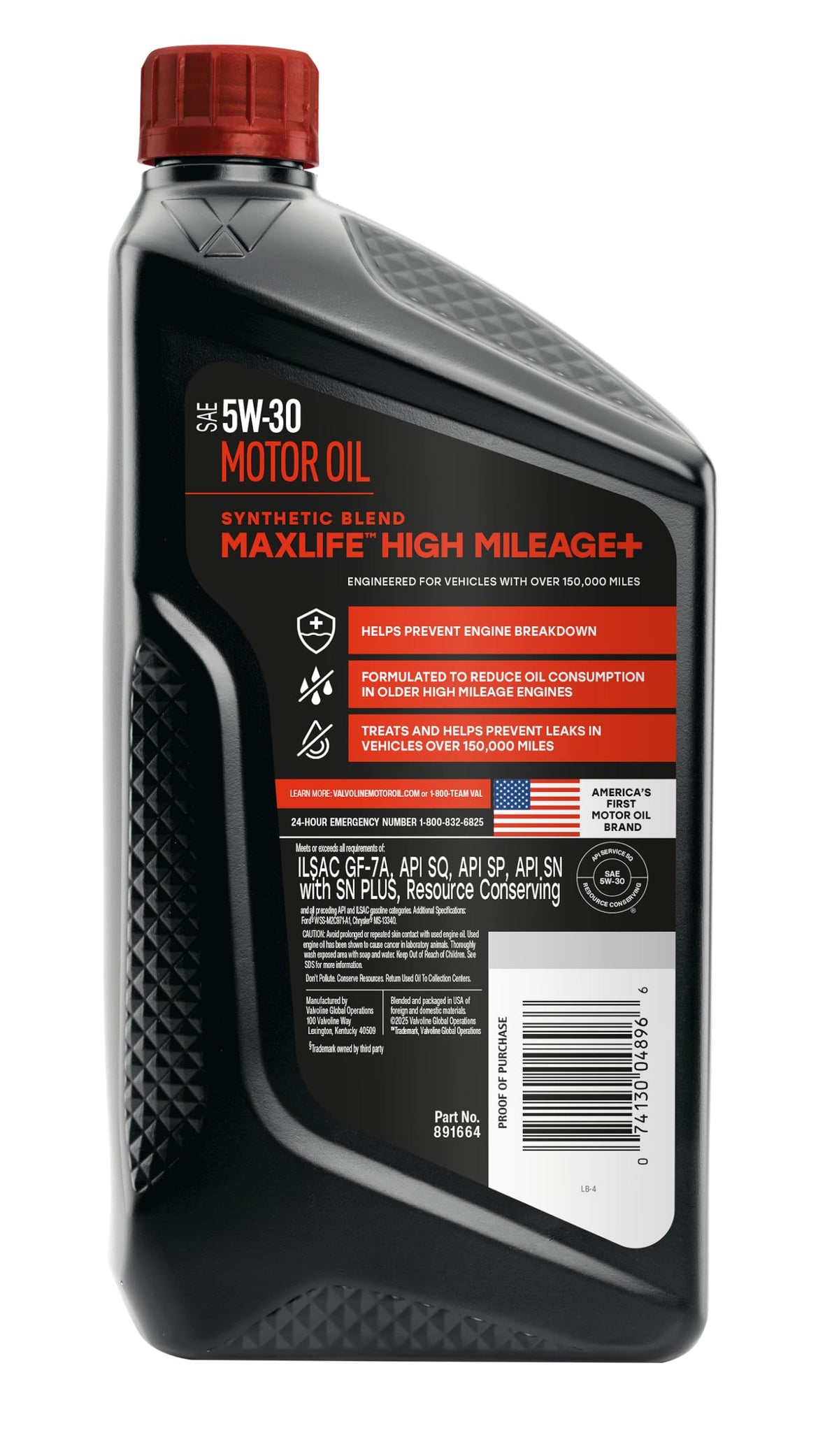 VALVOLINE 891664 Valvoline High Mileage 150K with MaxLife Plus Technology 5W-30 Motor Oil 1 Quart
