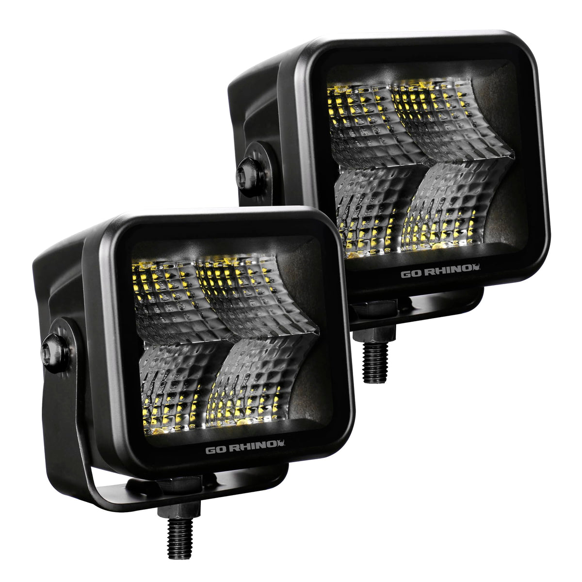 GO RHINO 750400321FCS Go Rhino! Xplor Lighting: Blackout Series 3x3 LED Cube Flood Light Kit (Pair) – Surface Mount (Threaded Stud Mount) Aluminum, Black – 750400321FCS