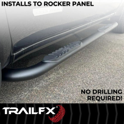TRAILFX A1019T TrailFX 4 Inch Oval Bent Nerf Bars with Step Pads Fits 2024–2025 Toyota Tacoma Matte Black Powder-Coated Steel, Welded End Caps Rocker Panel Mount, Bolt On Install TrailFX A1019T