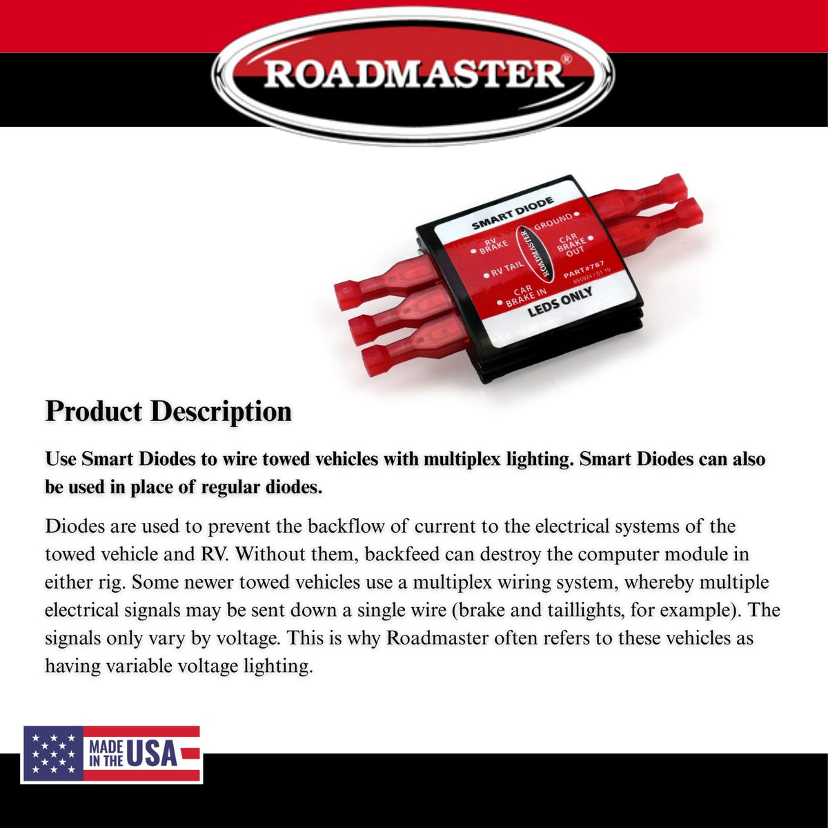 ROADMASTER 789 Roadmaster 789 Set of 2 Smart Diode fits RV to Flat Towed Vehicle Connections with Variable Voltage and LED Lighting | Easy Installation | Aluminum Heat Sink | Epoxy Case