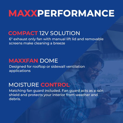 MAXXAIR VENT 00-03812W MAXXAIR Maxxfan Dome 6" Round 12V Ventilation Fan - Compact Solution for Rooftop or Sidewall Ventilation, Exhaust Only, Removable Screens, Fan Guard Rain Shield, Moisture Control, White (00-03812W)