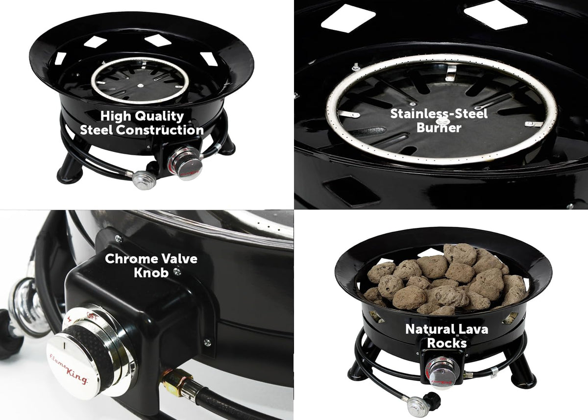 FLAME KING FKG6502D Flame King Smokeless Propane Fire Pit, 24-inch Portable Firebowl, 58K BTU with Self Igniter, Cover, & Carry Straps for RV, Camping, & Outdoor Living