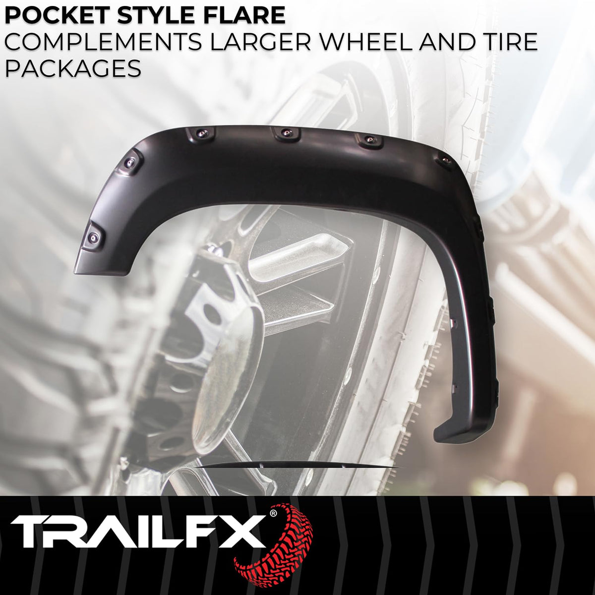 TRAILFX TFG3001S TrailFX Fender Flares Fits GMC Sierra 1500 2007-2013 Pocket Style Black Smooth Paintable Plastic Set of 4 Fender Flares with Stainless and Black Steel Rivets TrailFX TFG3001S
