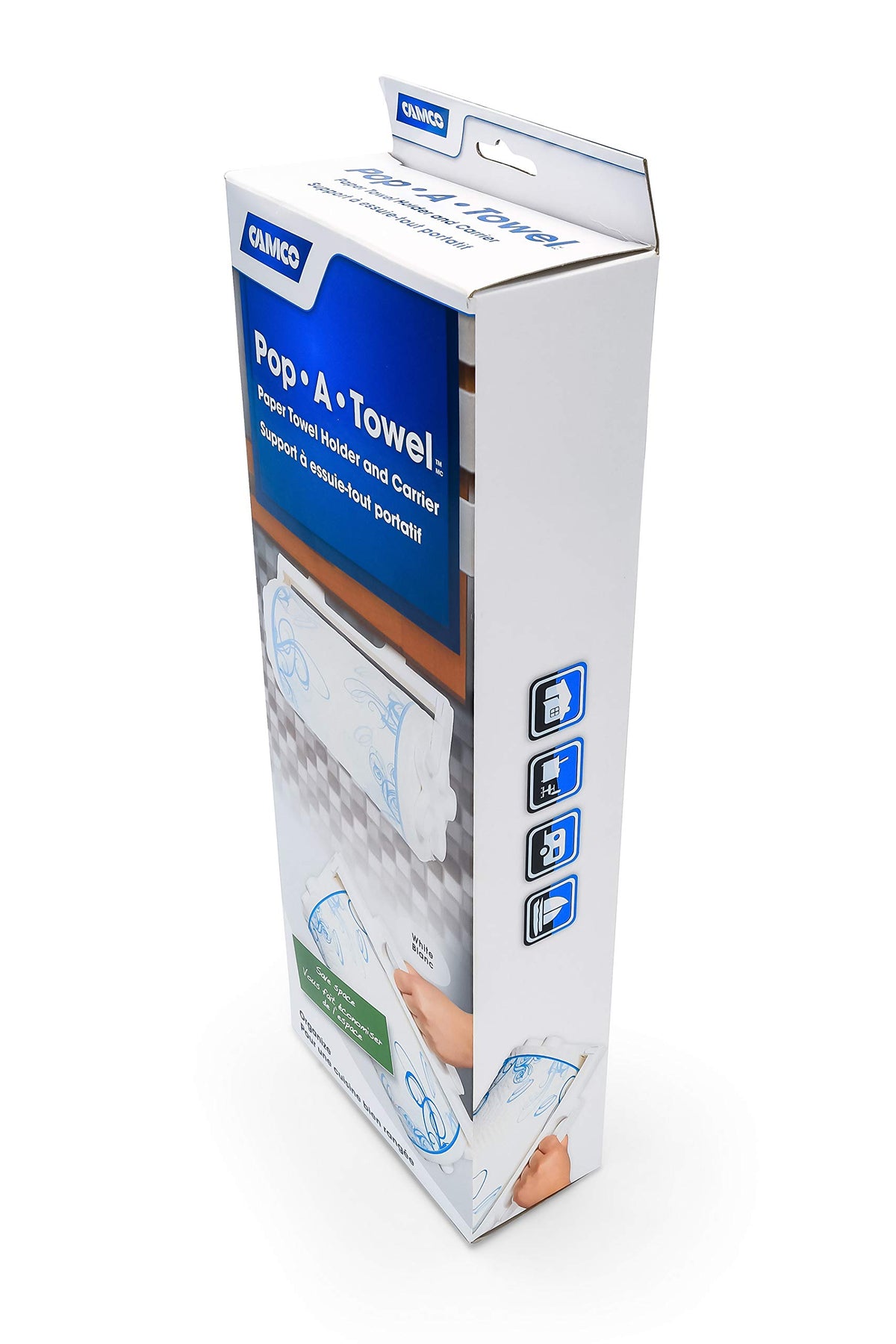 CAMCO 57111 Camco Pop-A-Towel- Mountable or Portable Paper Towel Holder Dispenser, Keep Paper Towels Clean, Conserve Space in Your RV Kitchen (White) (57111)