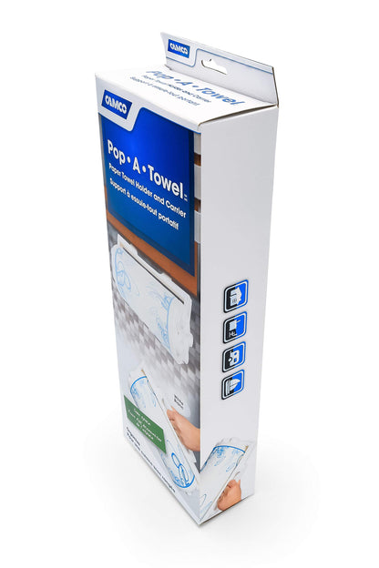 CAMCO 57111 Camco Pop-A-Towel- Mountable or Portable Paper Towel Holder Dispenser, Keep Paper Towels Clean, Conserve Space in Your RV Kitchen (White) (57111)