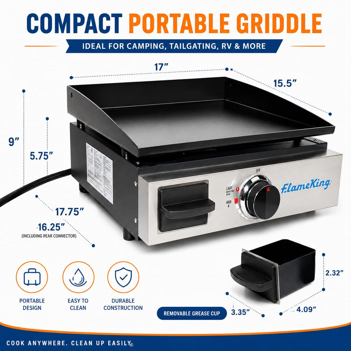 FLAME KING YSNFM-HT-200 Flame King 17-inch Flat Top Griddle for BBQ Grill w/Regulator, Propane Gas Griddle for RV Pullout Kitchen