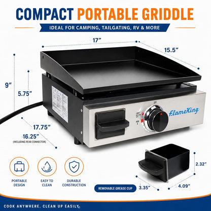 FLAME KING YSNFM-HT-200 Flame King 17-inch Flat Top Griddle for BBQ Grill w/Regulator, Propane Gas Griddle for RV Pullout Kitchen