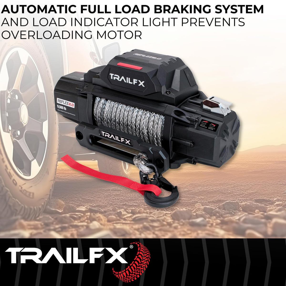 TRAILFX WRS295B TrailFX WRS295B Reflex 2.0 Winch; 9.5K Capacity; 94 ft Synthetic Rope; Aluminum Hawse Fairlead; Wired/Wireless Remote; Integrated Solenoid; 3 Stage Planetary Gear Drive; Load Warning Indicator